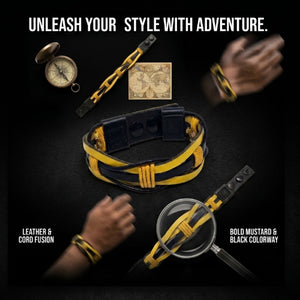Collage of a handmade yellow and black braided leather bracelet. Shows the sporty wristband with yellow waxed cord details, adjustable black snap closures, and the bracelet laid flat