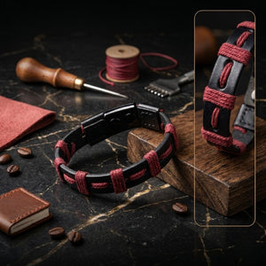 Handmade leather bracelet
Braided leather bracelet
Navy and maroon bracelet
Two-tone leather band
Artisan leather jewelry
Men's leather bracelet
Women's woven bracelet
Handmade leather accessories