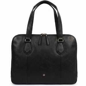 Front flat view of the black genuine leather laptop bag for women