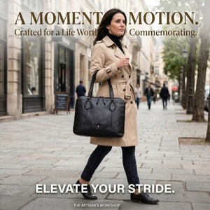 Woman holding the black professional leather work bag by the top handles