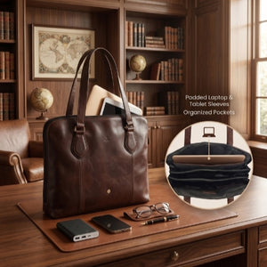 Professional brown leather work bag next to office accessories with interior view