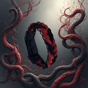 Hand wearing a red and black braided bracelet with text 'Define High-quality natural suede bracelet Hand-braided, sporty, and casual