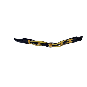 Collage of a handmade yellow and black braided leather bracelet. Shows the sporty wristband with yellow waxed cord details, adjustable black snap closures, and the bracelet laid flat