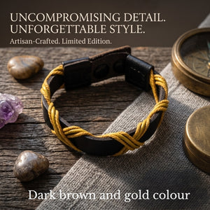 Dark brown and gold bracelet on a wooden surface with text about craftsmanship and style.Handmade leather bracelet with jute weave on a beach setting, featuring text about product features. footy,HAWTHORN HAWKS,football,club,AFL,
#AFL #Footy #AustralianRulesFootball #AFLBracelets #HandmadeJewelry #FootyFans