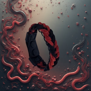 Hand wearing a red and black braided bracelet with text 'Define High-quality natural suede bracelet Hand-braided, sporty, and casual Unisex design, perfect for everyday wear