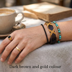 Dark brown and gold bracelet on a wooden surface with text about craftsmanship and style.Handmade leather bracelet with jute weave on a beach setting, featuring text about product features. footy,HAWTHORN HAWKS,football,club,AFL,
#AFL #Footy #AustralianRulesFootball #AFLBracelets #HandmadeJewelry #FootyFans