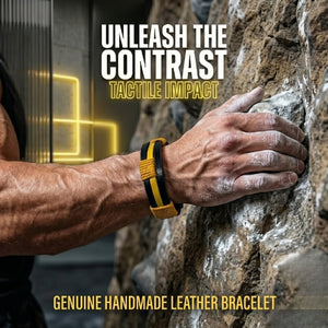 Hand climbing a rock wall with a yellow and black leather bracelet, text 'Unleash the Contrast Tactile Impact Genuine Handmade Leather Bracelet'.