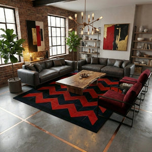 Handmade Red Suede and Black Cowhide Chevron Patchwork Area Rug,Modern Bold Geometric Chevron Rug - Red Suede & Black Hide Patchwork,Red & Black Cowhide Patchwork Chevron Rug