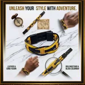 Collage of a handmade yellow and black braided leather bracelet. Shows the sporty wristband with yellow waxed cord details, adjustable black snap closures, and the bracelet laid flat
