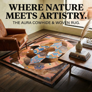 Living room with a cowhide and woven rug, featuring text 'Where Nature Meets Artistry,Rug,Carpet,Near me,Sale,