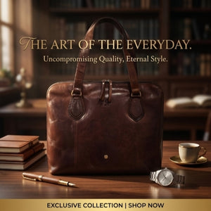 Elegant brown leather work bag for women on a dark wooden office desk