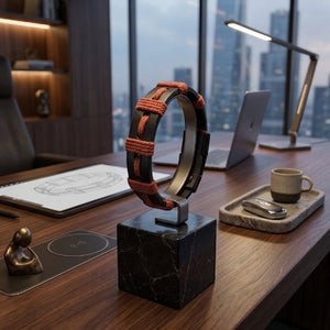 KANDM PARSE LEATHER SHOP handmade braided leather bracelet with navy blue and burgundy accents on a display stand.