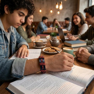 KANDM PARSE LEATHER SHOP handmade navy blue and burgundy braided leather bracelet worn by a student studying in a cafe