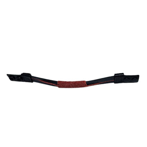 KANDM PARSE LEATHER SHOP handcrafted black leather bracelet with a textured red-brown woven cord center and snap clasp.