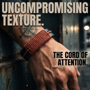 KANDM PARSE LEATHER SHOP handcrafted black leather bracelet with a red-brown woven cord wrap on a tattooed wrist.
