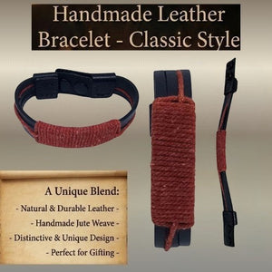KANDM PARSE LEATHER SHOP handcrafted black leather bracelet with a textured red-brown jute cord wrap and snap closure.