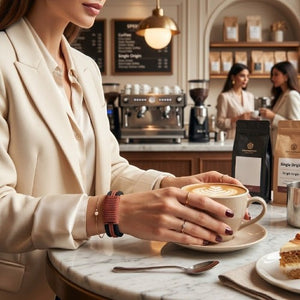 KANDM PARSE LEATHER SHOP handcrafted woven leather bracelet with red-brown cord on a woman in a cream blazer at a cafe