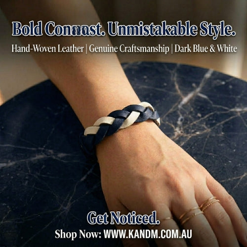 Hand wearing a braided dark blue and white leather bracelet on a marble surface with promotional text.