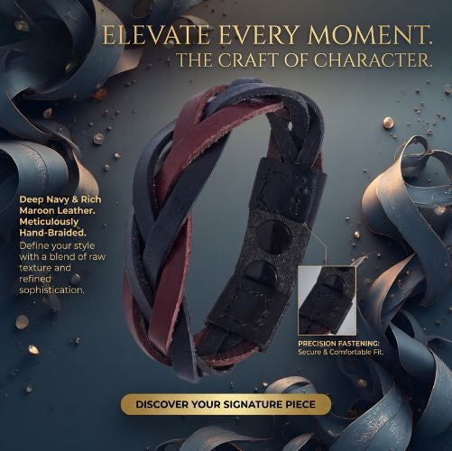 Handmade leather bracelet

Braided leather bracelet

Navy and maroon bracelet

Two-tone leather band

Artisan leather jewelry

Men's leather bracelet

Women's woven bracelet

Handmade leather accessories