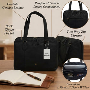 Black genuine leather laptop tote bag highlighting reinforced 14-inch compartment
