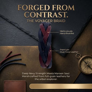 Handmade leather bracelet

Braided leather bracelet

Navy and maroon bracelet

Two-tone leather band

Artisan leather jewelry

Men's leather bracelet

Women's woven bracelet

Handmade leather accessories