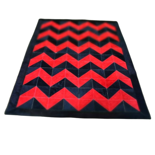 Handmade Red Suede and Black Cowhide Chevron Patchwork Area Rug,Modern Bold Geometric Chevron Rug - Red Suede & Black Hide Patchwork,Red & Black Cowhide Patchwork Chevron Rug