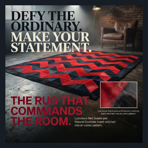 Handmade Red Suede and Black Cowhide Chevron Patchwork Area Rug,Modern Bold Geometric Chevron Rug - Red Suede & Black Hide Patchwork,Red & Black Cowhide Patchwork Chevron Rug