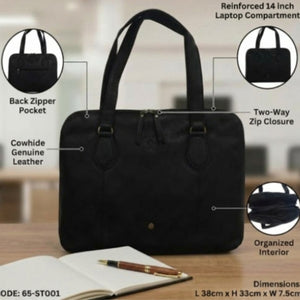 Black leather briefcase with features highlighted on a blurred office background