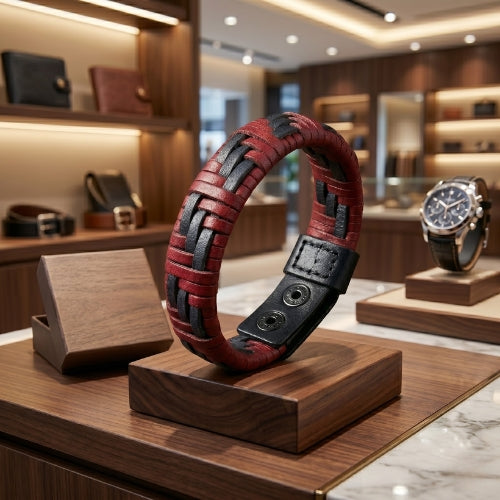 Handmade Two-Tone Braided Leather Bracelet Sport Bracelet Dark Blue & Burgundy-2