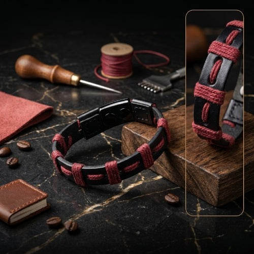 Handmade leather bracelet

Braided leather bracelet

Navy and maroon bracelet

Two-tone leather band

Artisan leather jewelry

Men's leather bracelet

Women's woven bracelet

Handmade leather accessories