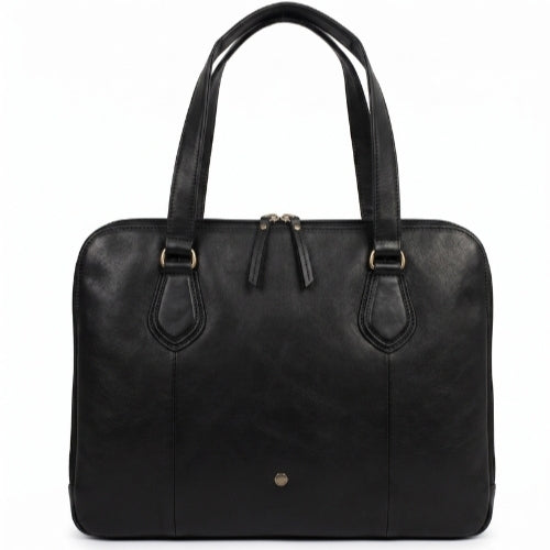 Front flat view of the black genuine leather laptop bag for women