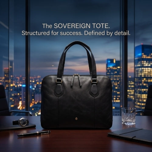 Black leather tote bag on a desk with cityscape background