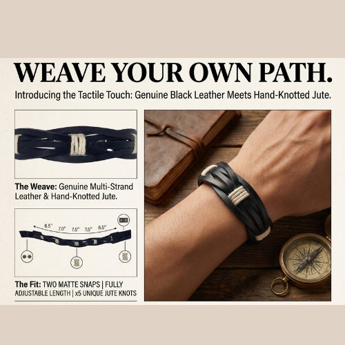Handmade leather bracelet with jute weave on a beach setting, featuring text about product features. footy,collingwood,football,club,AFL,
#AFL #Footy #AustralianRulesFootball #AFLBracelets #HandmadeJewelry #FootyFans