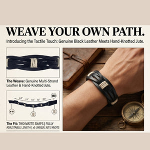 Handmade leather bracelet with jute weave on a beach setting, featuring text about product features. footy,collingwood,football,club,AFL,
#AFL #Footy #AustralianRulesFootball #AFLBracelets #HandmadeJewelry #FootyFans