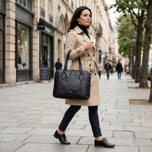 Woman in a trench coat walking on a city street with a black handbag.