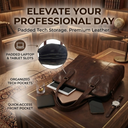 Brown genuine leather laptop tote bag on a desk showing padded tech storage