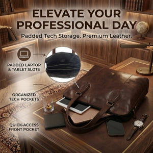 Brown genuine leather laptop tote bag on a desk showing padded tech storage