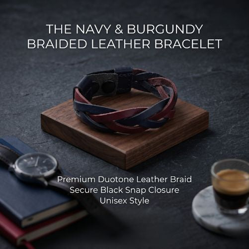 Handmade leather bracelet

Braided leather bracelet

Navy and maroon bracelet

Two-tone leather band

Artisan leather jewelry

Men's leather bracelet

Women's woven bracelet

Handmade leather accessories