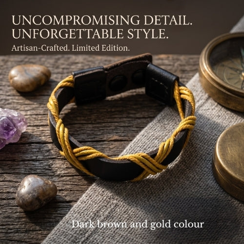 Dark brown and gold bracelet on a wooden surface with text about craftsmanship and style.Handmade leather bracelet with jute weave on a beach setting, featuring text about product features. footy,HAWTHORN HAWKS,football,club,AFL,
#AFL #Footy #AustralianRulesFootball #AFLBracelets #HandmadeJewelry #FootyFans
