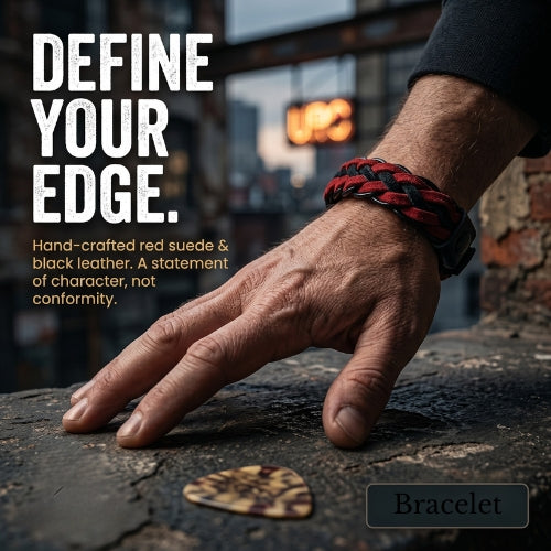 Hand wearing a red and black braided bracelet with text 'Define High-quality natural suede   bracelet  Hand-braided, sporty, and casual