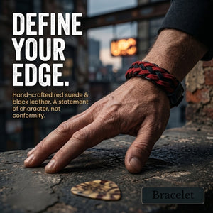 Hand wearing a red and black braided bracelet with text 'Define High-quality natural suede   bracelet  Hand-braided, sporty, and casual