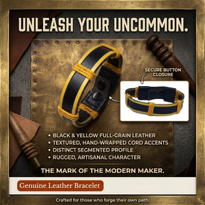 Collage of a handmade yellow and black braided leather bracelet. Shows the sporty wristband with yellow waxed cord details, adjustable black snap closures, and the bracelet laid flat,Handmade leather bracelet with jute weave on a beach setting, featuring text about product features. footy,collingwood,football,club,AFL,