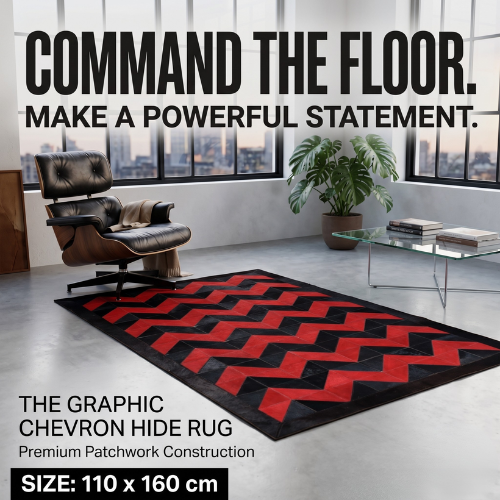 Handmade Red Suede and Black Cowhide Chevron Patchwork Area Rug,Modern Bold Geometric Chevron Rug - Red Suede & Black Hide Patchwork,Red & Black Cowhide Patchwork Chevron Rug
