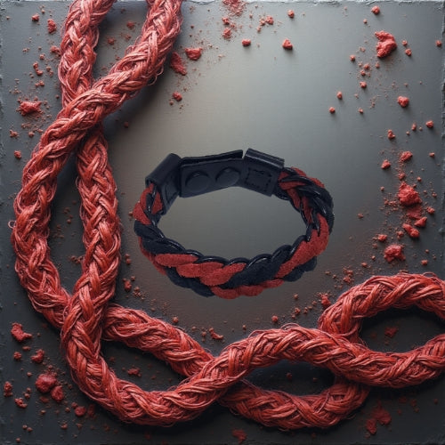 Hand wearing a red and black braided bracelet with text 'Define High-quality natural suede   bracelet  Hand-braided, sporty, and casual