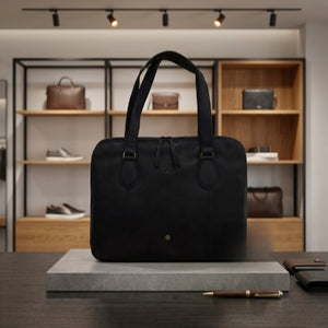 Elegant black cowhide leather briefcase sitting on a modern office desk