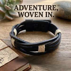 Handmade leather bracelet with jute weave on a beach setting, featuring text about product features. footy,collingwood,football,club,AFL,
#AFL #Footy #AustralianRulesFootball #AFLBracelets #HandmadeJewelry #FootyFans