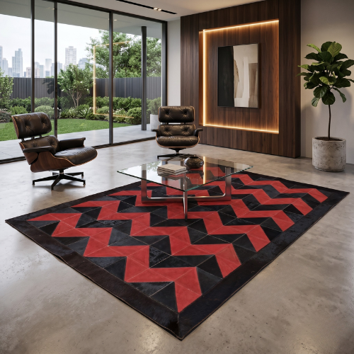 Handmade Red Suede and Black Cowhide Chevron Patchwork Area Rug,Modern Bold Geometric Chevron Rug - Red Suede & Black Hide Patchwork,Red & Black Cowhide Patchwork Chevron Rug
