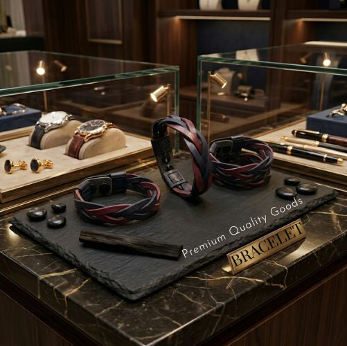 Handmade leather bracelet

Braided leather bracelet

Navy and maroon bracelet

Two-tone leather band

Artisan leather jewelry

Men's leather bracelet

Women's woven bracelet

Handmade leather accessories
