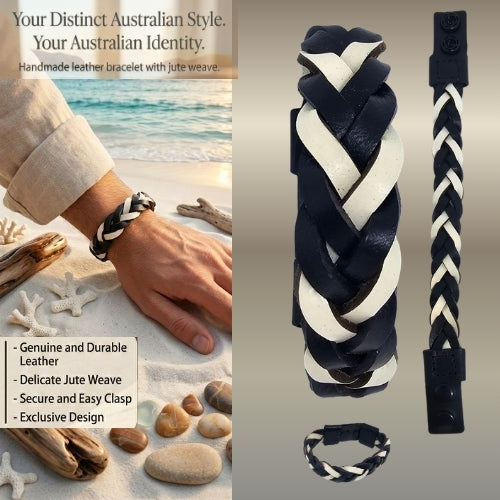 Handmade leather bracelet with jute weave on a beach setting, featuring text about product features. footy,collingwood,football,club