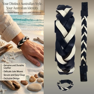 Handmade leather bracelet with jute weave on a beach setting, featuring text about product features. footy,collingwood,football,club